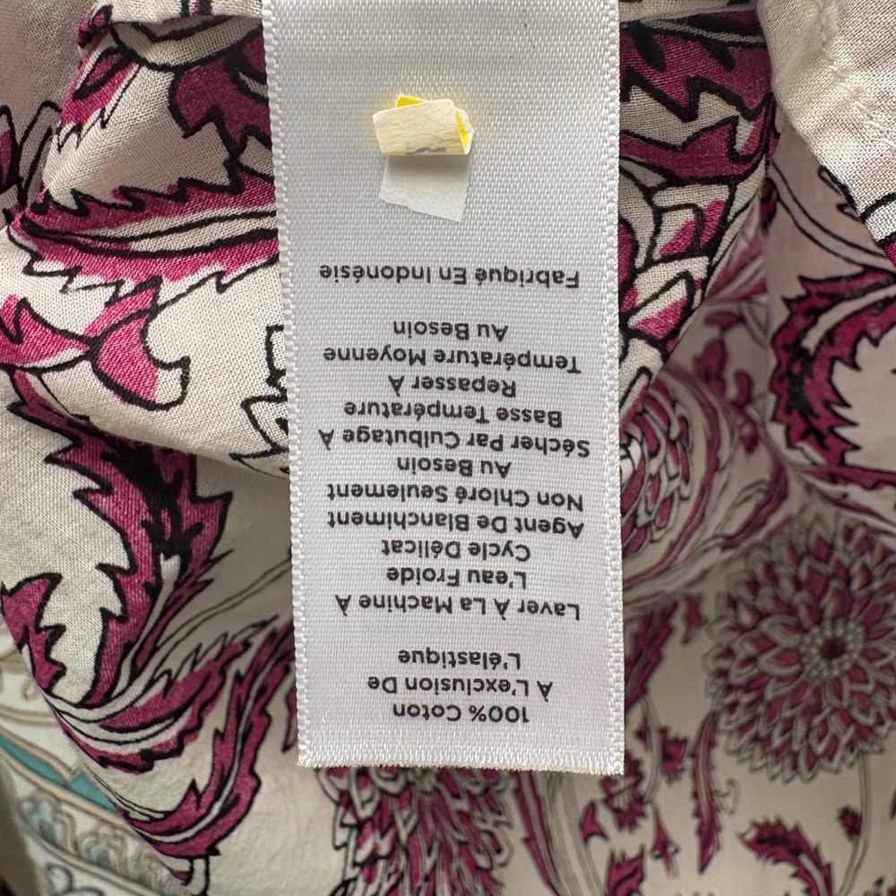 Talbots XL Pink White Dahlia Cotton Ruffle Neck Smocked Cuff Button Front Blouse - Picture 7 of 7